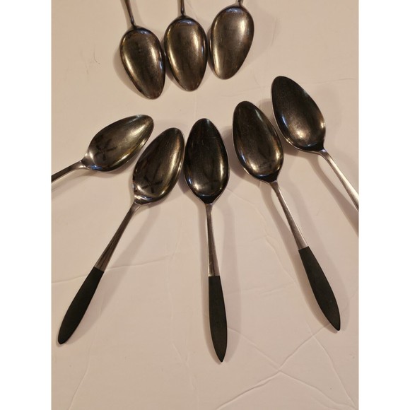 Vintage Epic Teaspoons Set Eight Forged Stainless Japan Wood Handle Canoe  MCM - Picture 3 of 7